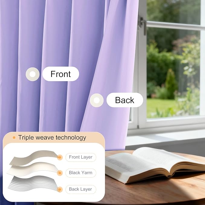 Etherealveil Lavender Purple Pinch Pleated Blackout Curtains 2P 40"x63" | Back - Image 3