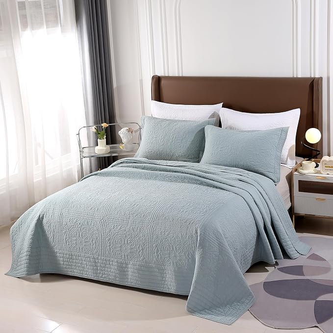ROOMLIFE Quilt Set Queen Size 3D Floral Embroidery Pattern 3-Piece Cotton - Image 4