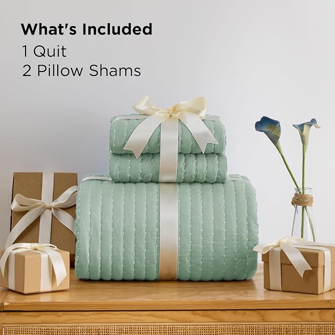 Bedsure Quilts Queen Size, Lightweight Striped Thin Comforter, Sage Green | - Image 6