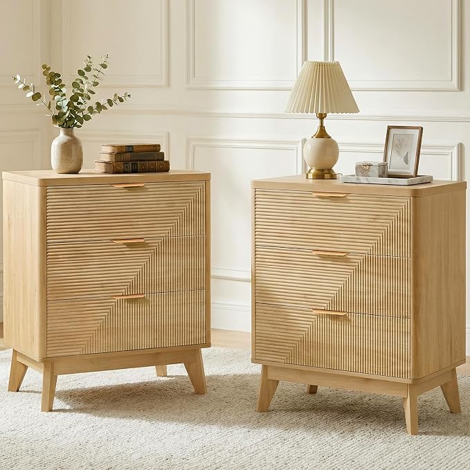 LYNCOHOME 3 Drawer Fluted Nightstand, Modern Wood Night Stand - Image 3