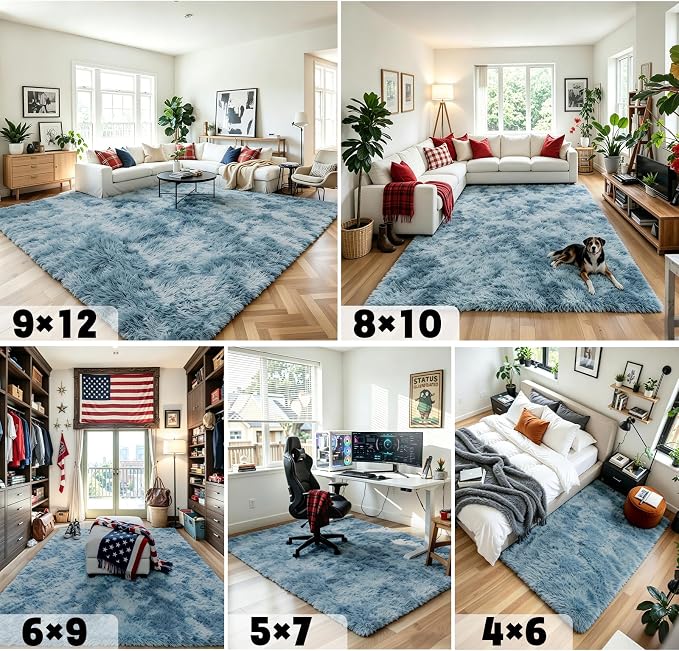 Area Rugs 9x12 Living Room, Dark Blue Tie-Dyed Large Shaggy Plush Carpet | Soft - Image 7