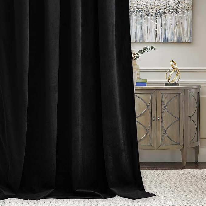 RYB HOME Black Velvet Curtains 100 inches Long, Long Floor Length Drapes | Room - Image 7