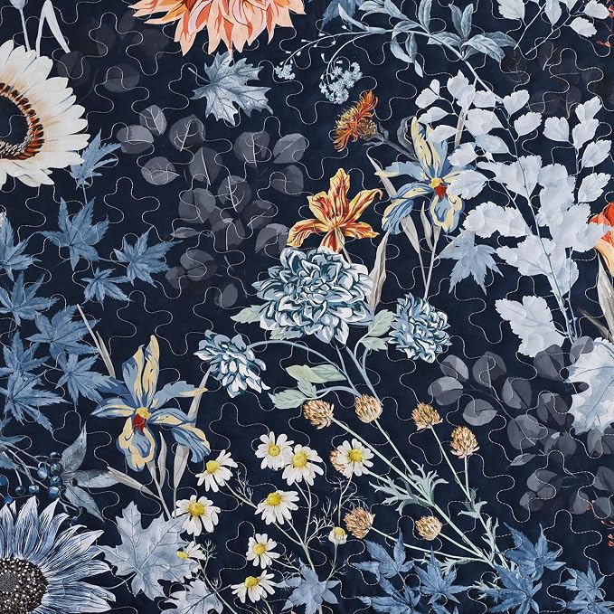 Yiran Navy Blue Sunflower Floral Quilt Set Queen Size | Botanical Bedspread - Image 5