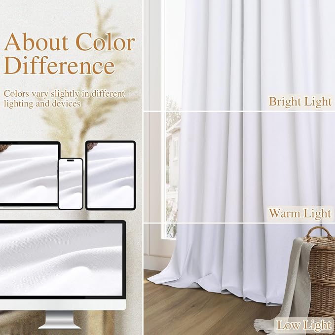 White 100% Blackout Linen Curtains 52 Inch Wide by 140 Inch - Image 7