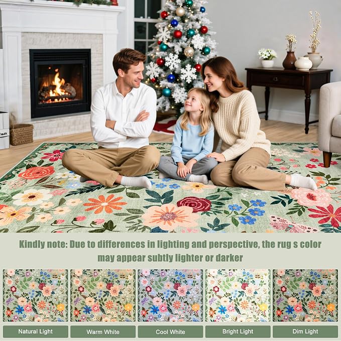 PLHXFR 2x3 Small Entryway Rug: Floral Washable Indoor Soft Carpet Green | - Image 9
