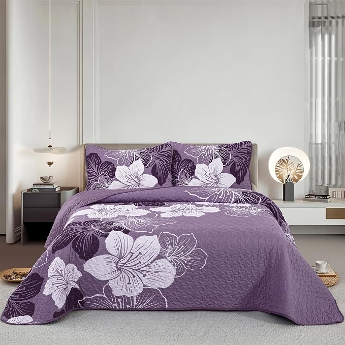 DJY Quilt Queen Size, Dark Purple Floral Boho Bedspread Coverlet Set 3 Pcs | by HOME