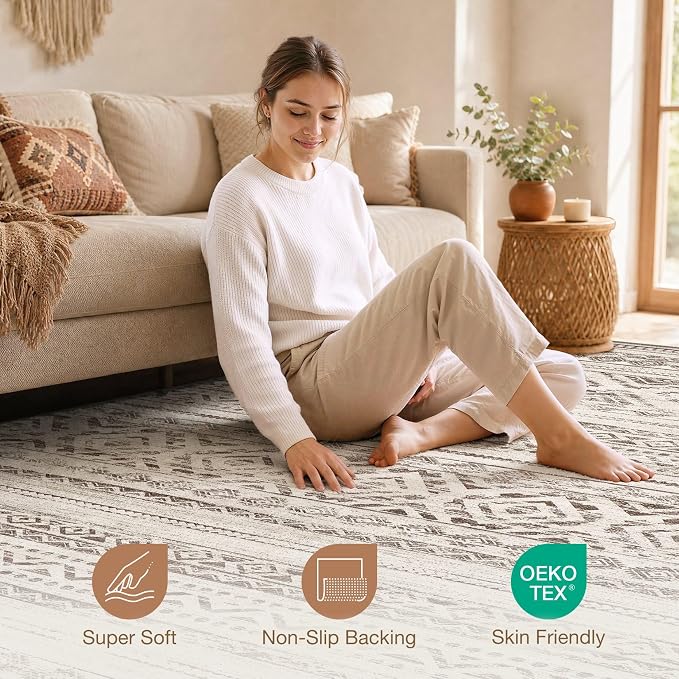cotiled Boho 7x9 Area Rug for Living Room: Large Moroccan Washable Rug | Stain - Image 3