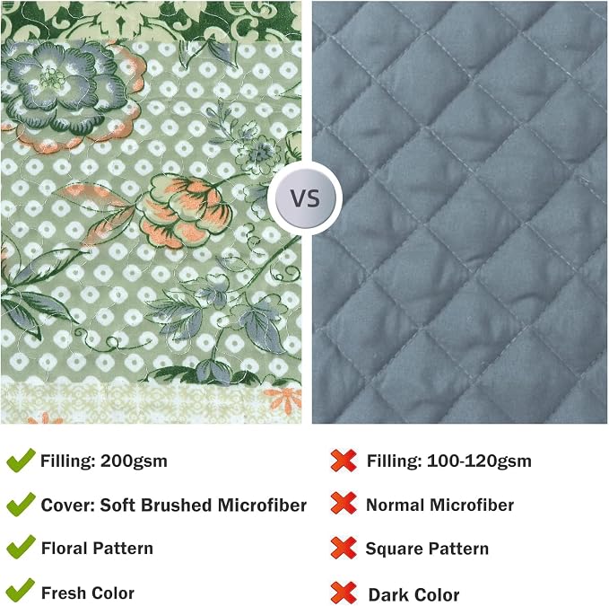 Cmfshape Summer Floral King Quilted Bedspread, Romantic Green Quilt Set King - Image 7