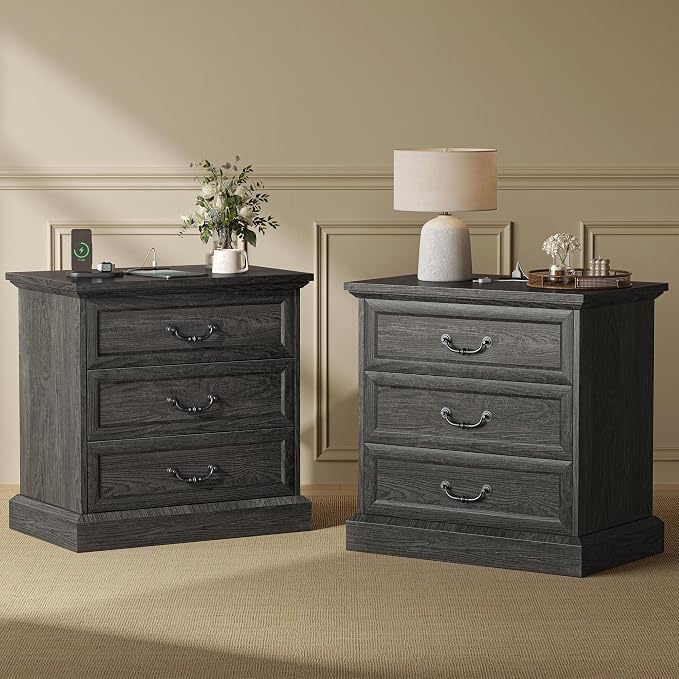 Huuger Nightstand with Charging Station, 3 Drawer Night Stand Set of 2 | 22 by Huuger
