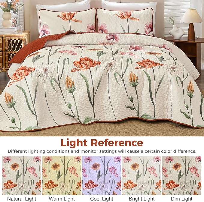 WONGS BEDDING Thanksgiving Quilt Set Queen, Shabby Chic Terracotta Cream Floral - Image 7