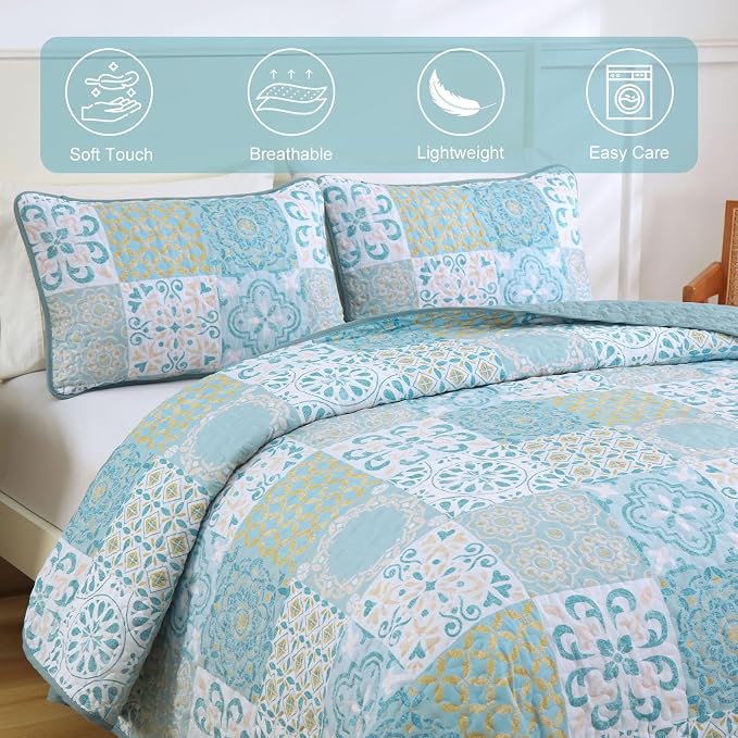 Dobuyly Queen Quilt Set Aqua Blue Patchwork Bedspread 3 Piece | Vintage Floral - Image 4