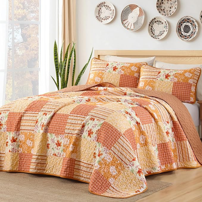 Mybedsoul Orange Boho Quilt Set Queen Size, 3 Pieces Plaid Floral Bedspread - Image 3