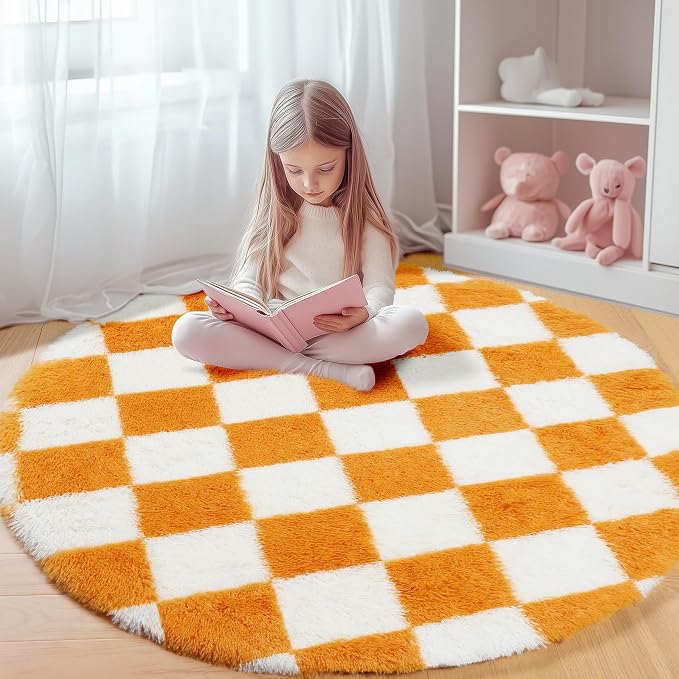 KICMOR Round Rugs 5ft Orange and Cream White Circle Area Rug, Fluffy Soft Fuzzy by KICMOR