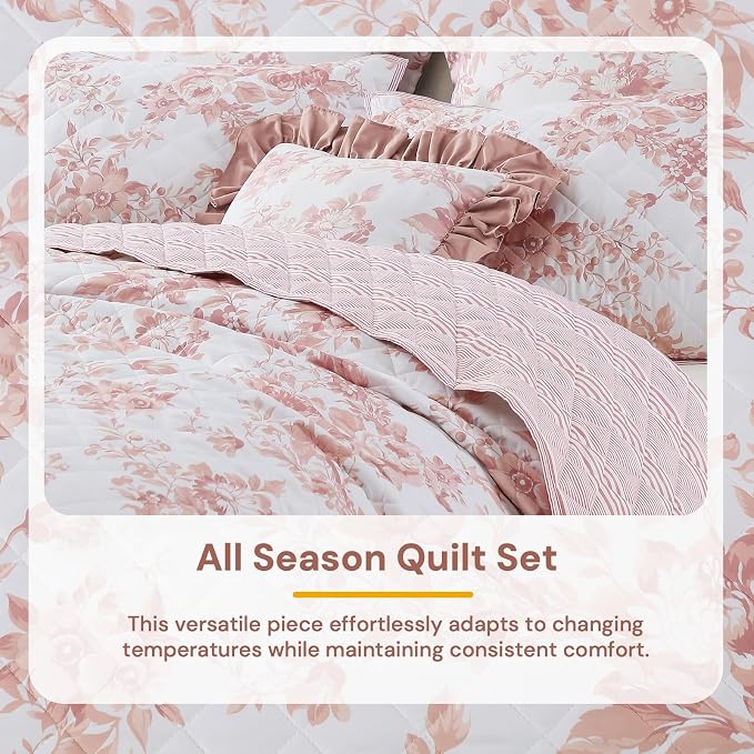 King Quilt Set-3 Pieces Soft Bedding Floral Reversible Coverlet | All Seasons - Image 6