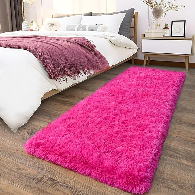 Soft Fluffy Shag Runner Rugs for Girls Bedroom 2x6 Hot Pink Washable | Shaggy - Image 2