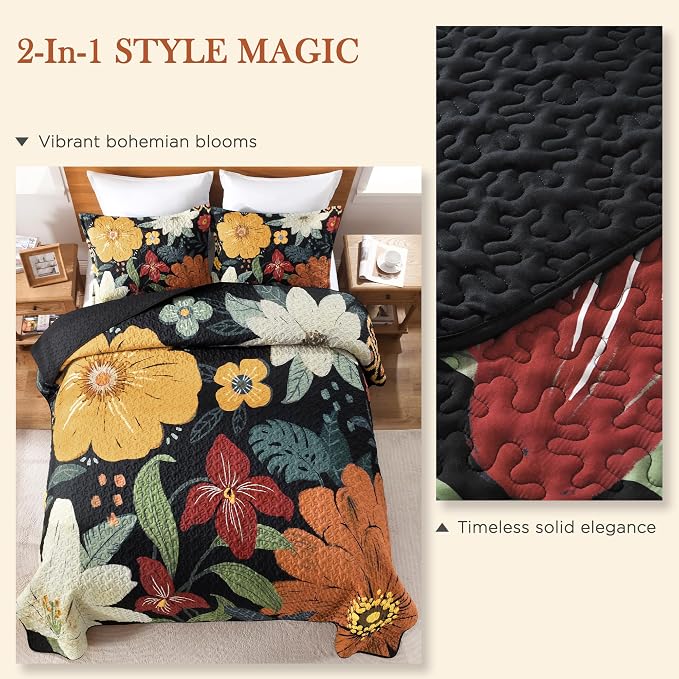 Oversized King Quilt Set Black, 128x120 Floral Super King Bedspread | 3 Pieces - Image 9
