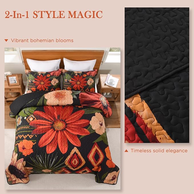 Oversized King Quilt Set Black, 128x120 Floral Super King Bedspread | 3 Pieces - Image 9