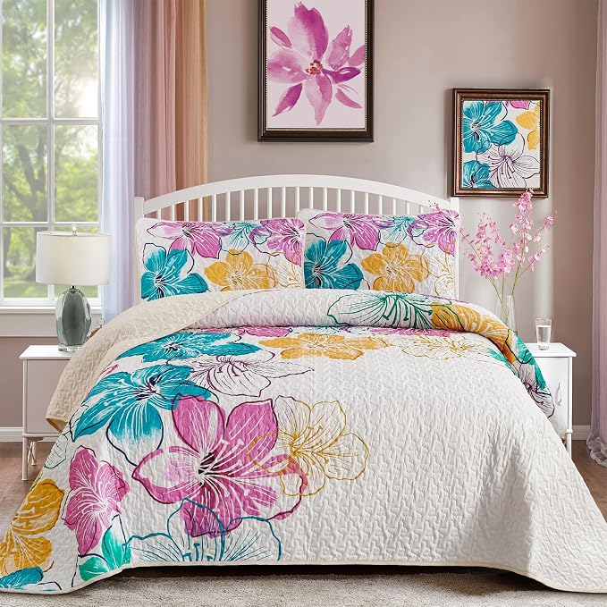 DJY Romantic Pink Teal Quilt Set King Size, 3 Pieces Colourful Floral Bedspread by HOME