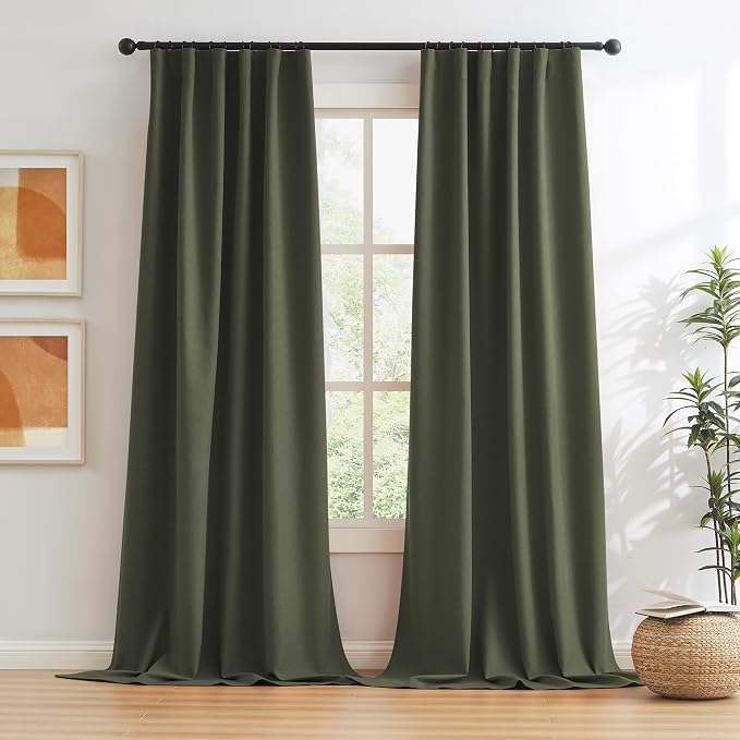 Dark Olive Green Blackout Curtains 96 Inches Long 2 Panels Set- Faux Linen - Image 2