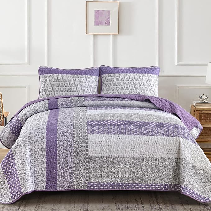 WONGS BEDDING Purple Queen Quilt Bedding Set, Bohemian Stripe Bedspread | - Image 8