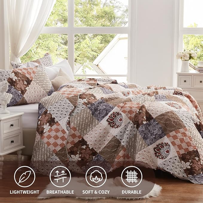 2 Pieces Twin Size Quilt Set Lightweight Brown Floral Bedspread 68x86 Inch Soft - Image 2