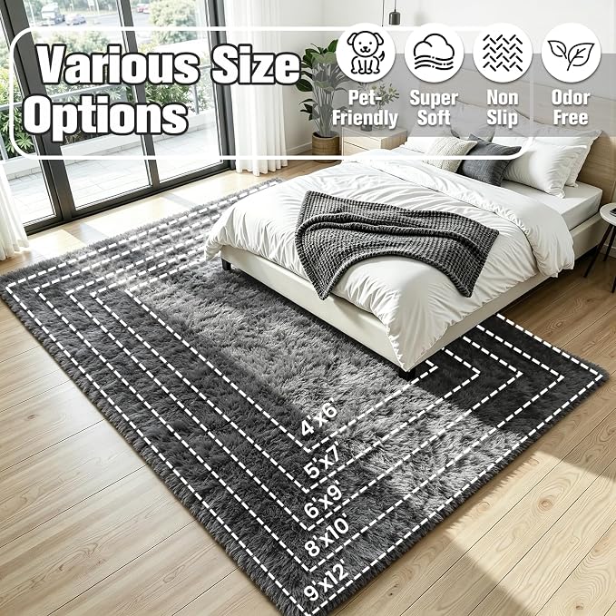 8x10 Fluffy Area Rug for Living Room: Soft Non-Slip Grey Bedroom Carpet | Ultra - Image 8