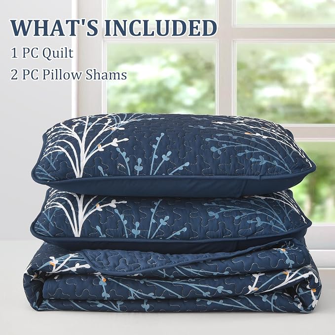 DJY Navy Quilt Set King Size Branch Botanical Bedspread Coverlet Set | 3 Pieces - Image 7