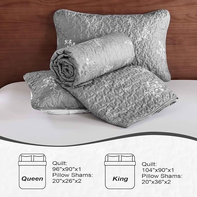 DJY King Size Grey Botanical Quilt Set, Floral Bedspread Coverlet | Lightweight - Image 9