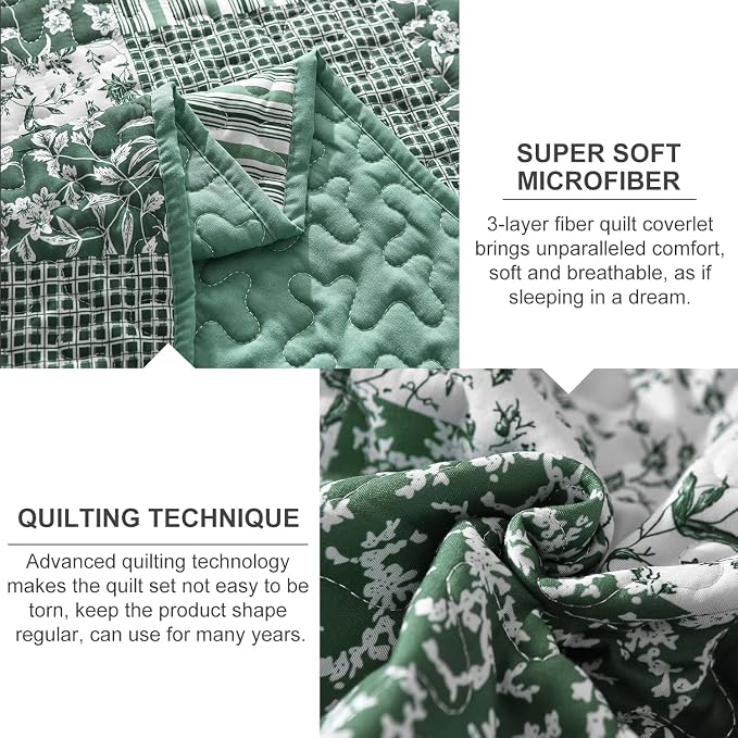 Mybedsoul Green Quilt Set Full Size, Patchwork Reversible Bedding Set | Soft - Image 5
