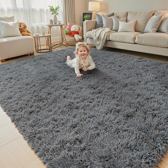 5x8 Dark Grey Shag Area Rug for Living Room, Fluffy Plush Carpet | Non-Slip by Junhejiamei