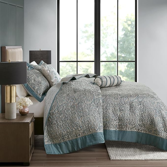Madison Park Reversible Jacquard Quilted Queen Bedspread Set Teal, All-Season - Image 3