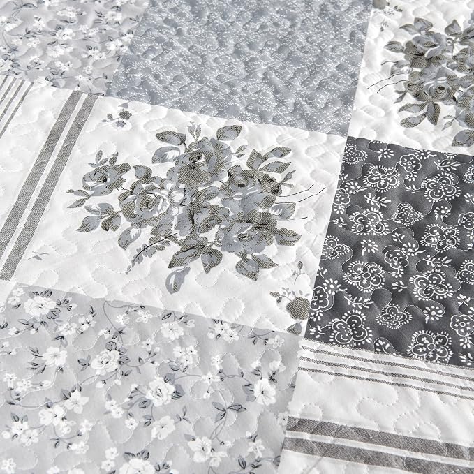 Cmfshape Summer Floral King Bedspread, Romantic Grey Quilt Set King, Reversible - Image 7