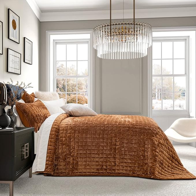 RECYCO Velvet Quilt Set, Oversized Cal King 118"x106", Rusty Burnt Orange | - Image 2