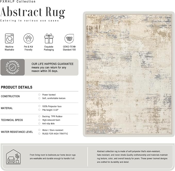 Area Rug Living Room: 4x6 Modern Washable Soft Carpet Beige Brown | - Image 2
