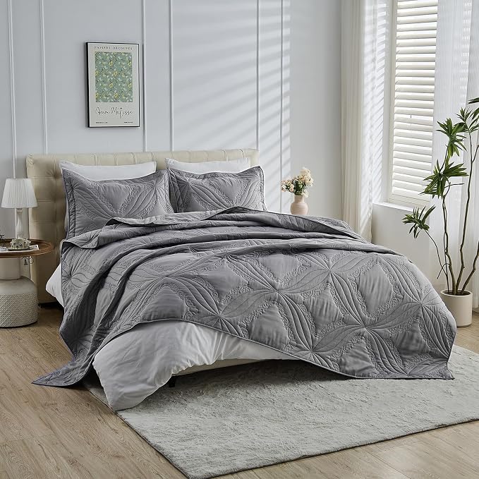Kingnex Oversized Cal King Bedspreads 120x120 Ultrasonic Quilted Grey | - Image 5