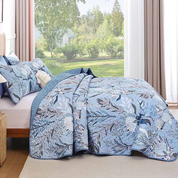 Dintszyayue Quilt Queen Size Blue, 3 Pieces Boho Floral Bedspread Bedding - Image 3