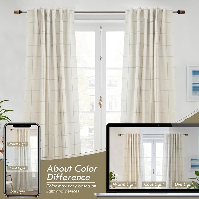 DriftAway 100% Blackout Plaid Linen Curtains 108 Inches Long 2 Panels Taupe | - Image 8