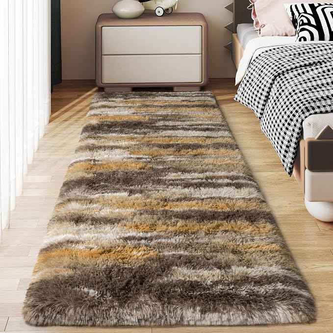 Soft Runner Rugs for Bedroom Hallways, 2x5 Abstract Brown Fluffy Shag Throw by Ailyei