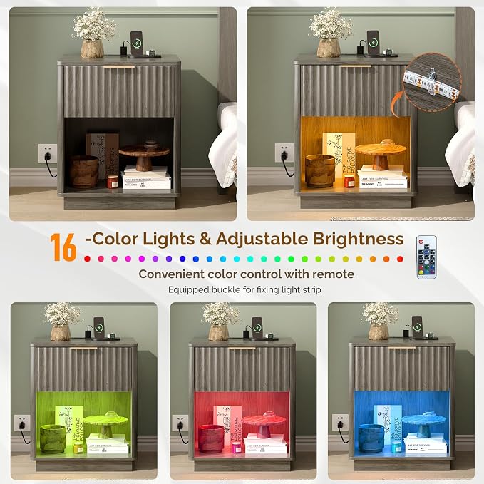 VINGLI Night Stands Set 2 with Charging Station, LED Nightstand Fluted with - Image 6
