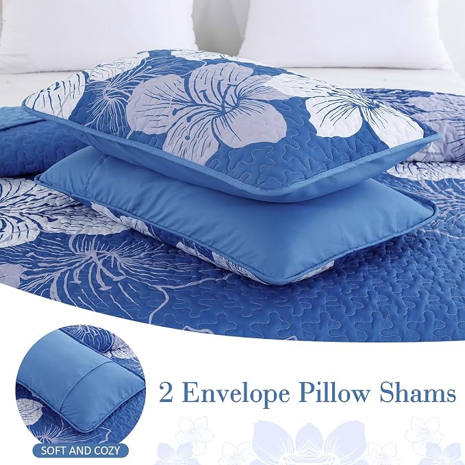 DJY Blue Quilt Set Queen 3 Pieces Botanical Floral Quilt Summer Bedding Set - Image 7