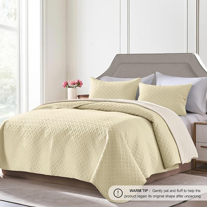 FLYMME Quilts Queen Size, Lightweight Butter Yellow Bedspreads, Basket Weave - Image 2
