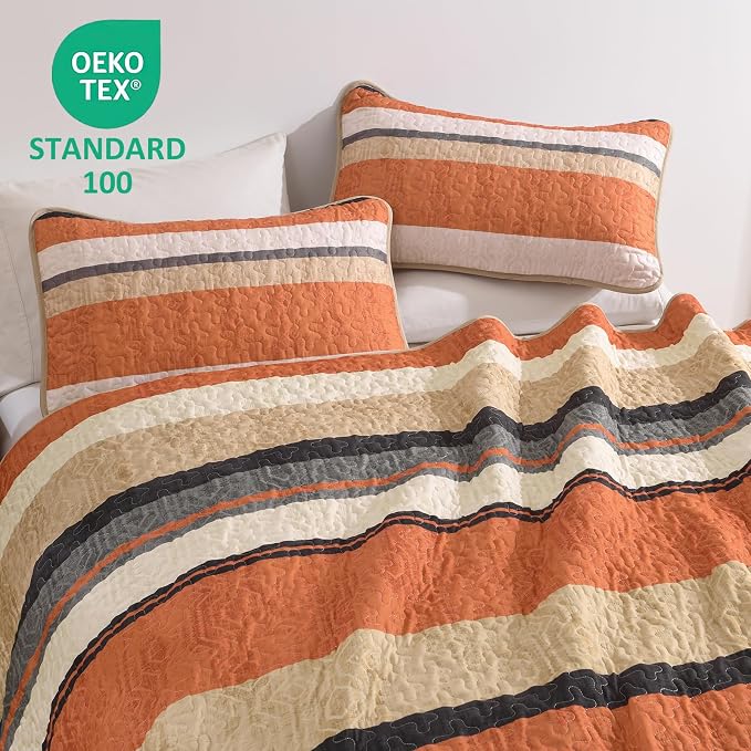 Dobuyly Striped Quilt King Size, Boho Orange Lightweight Bedspread Bedding | - Image 5
