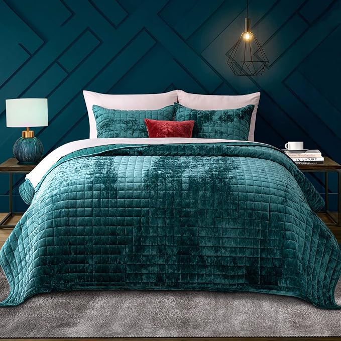 RECYCO Channel Box Stitch Velvet Quilt Set, Full Queen Size, Teal | Ultra Soft by RECYCOHOMECOLLECTION