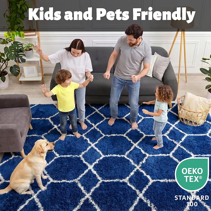 Large 6x9 Area Rugs for Living Room, Fluffy Geometric Navy and White Rug for - Image 3
