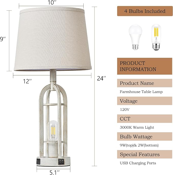 SRJJA Farmhouse Table Lamps for Living Room Set of 2 - Image 6
