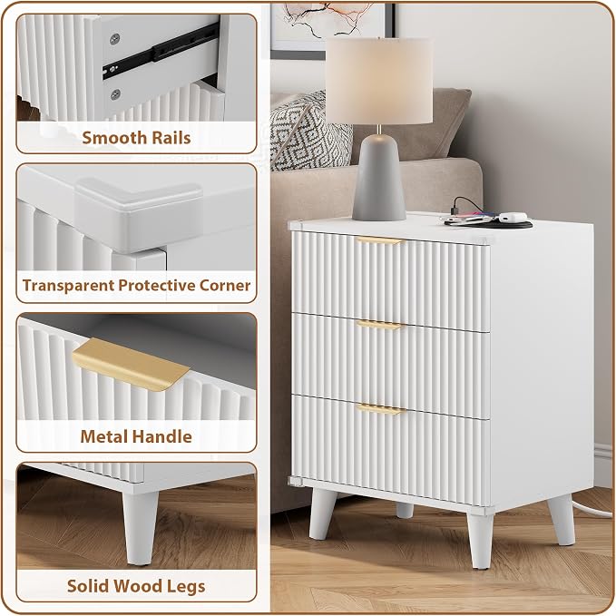 Wood Bedside Table w/Charging Station, 3 Drawers Fluted Dresser | White - Image 7