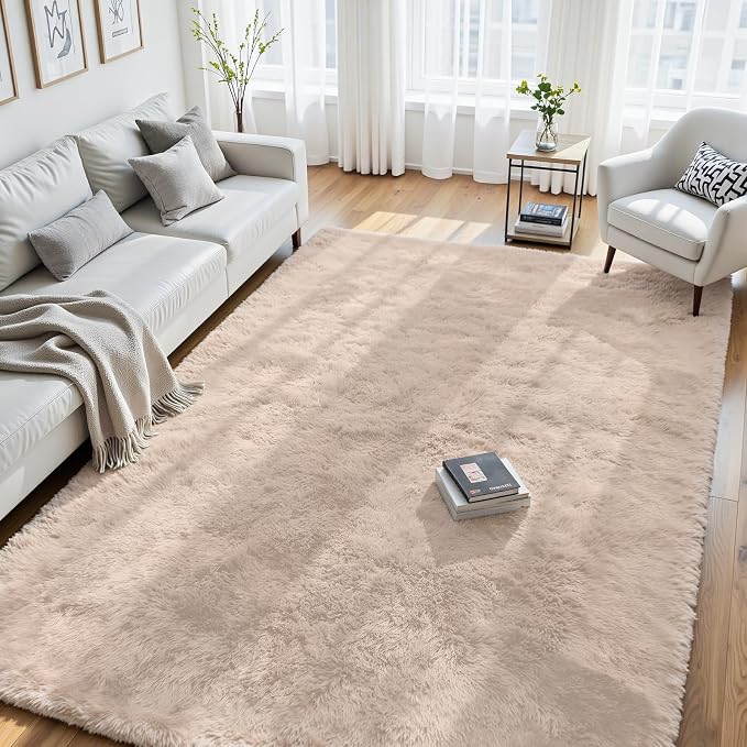 8x10 Fluffy Area Rug for Living Room: Soft Non-Slip Beige Bedroom Carpet | by Oriannal
