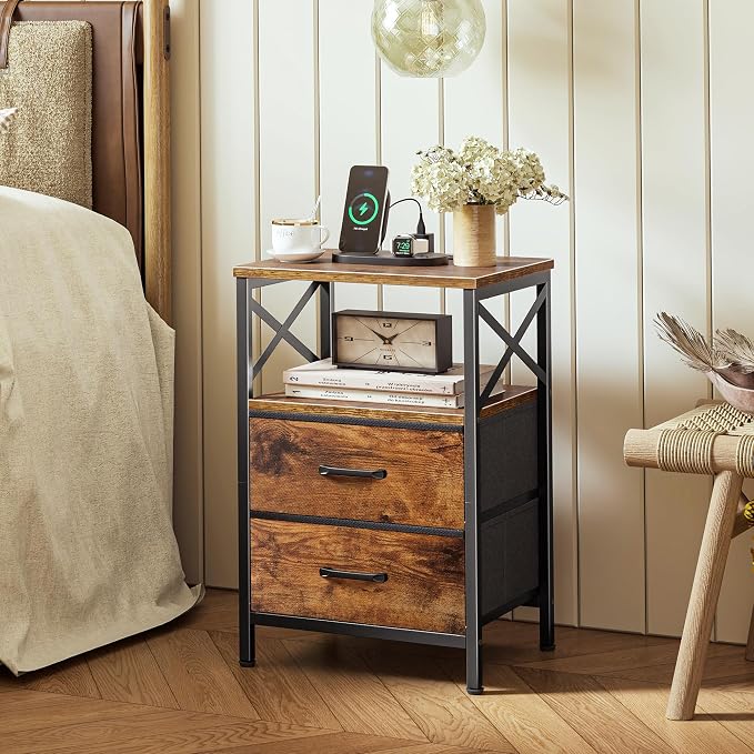 Huuger Night Stand with Charger Station, USB-C Port, End Table | 2 Drawer - Image 2