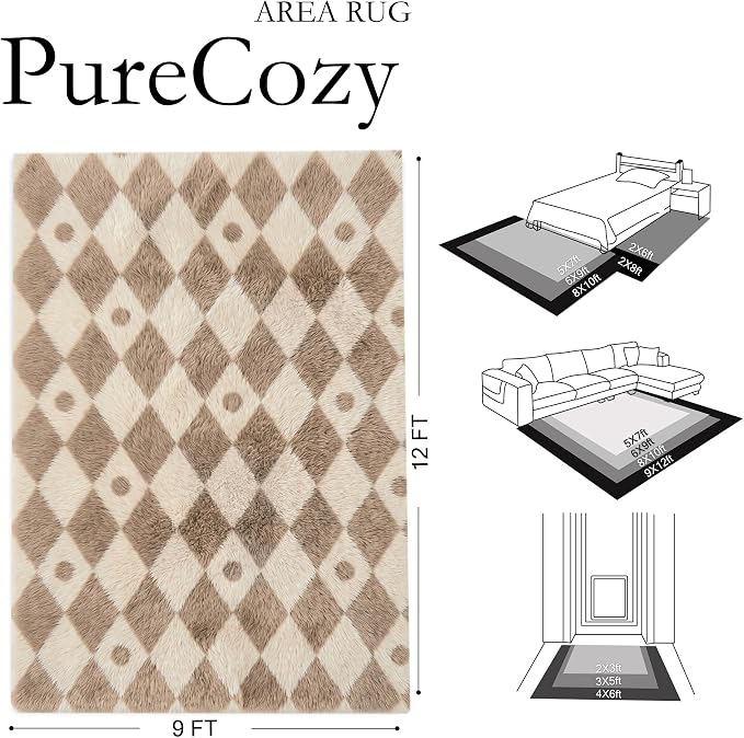 Brown 9x12 Area Rug for Living Room Soft Checkered Shag Carpet | Machine - Image 2