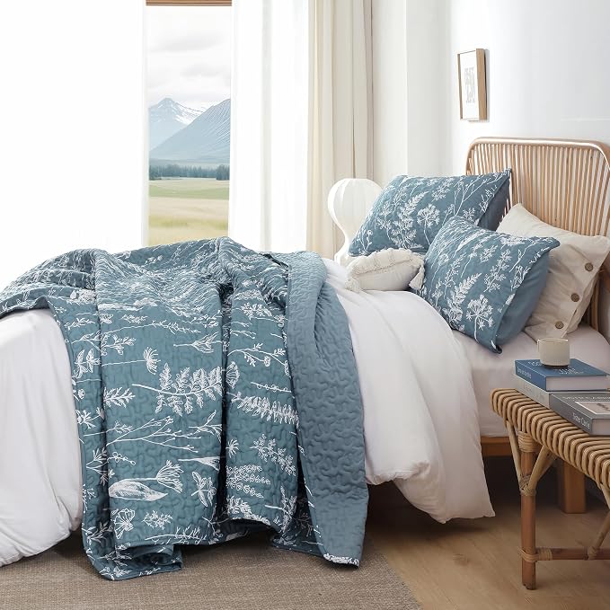 JANZAA Quilt King Size, Mineral Blue Bedspread Floral Bedding Set 3 Pieces | - Image 9
